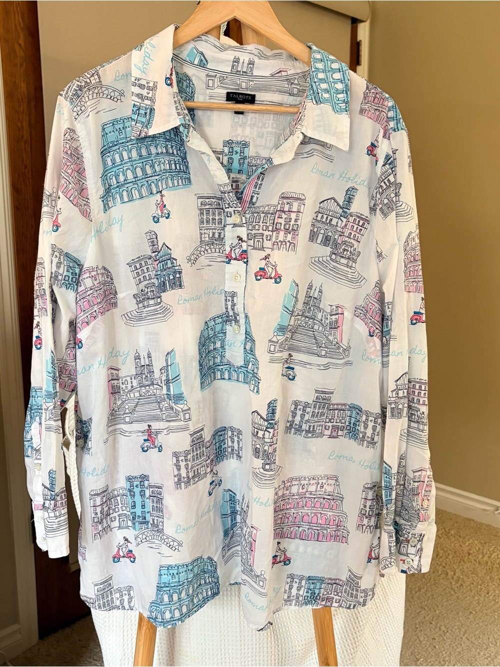 Talbots White Roman Holiday Shirt with Blue and Pink Print 3X